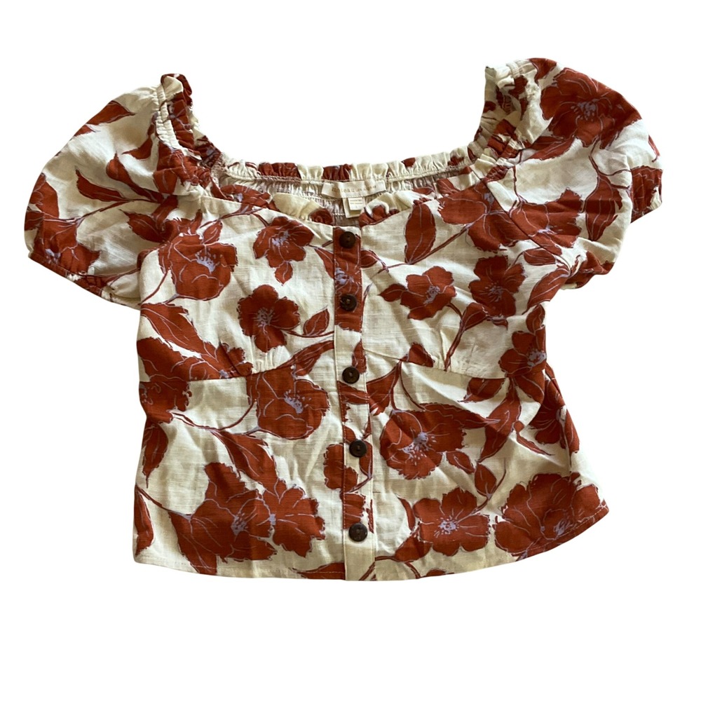 Monteau Floral Crop Top Women Large ‎ Linen Blend Puff Sleeve Smocked Back